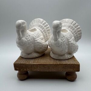 Vintage White Ceramic Turkey Candle Holders Set of 2 Thanksgiving Decor